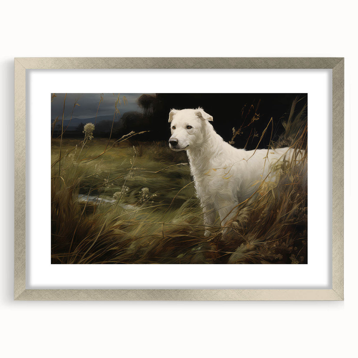 Vintage Animal Art: White Dog in Nature – Retro Wildlife Illustration