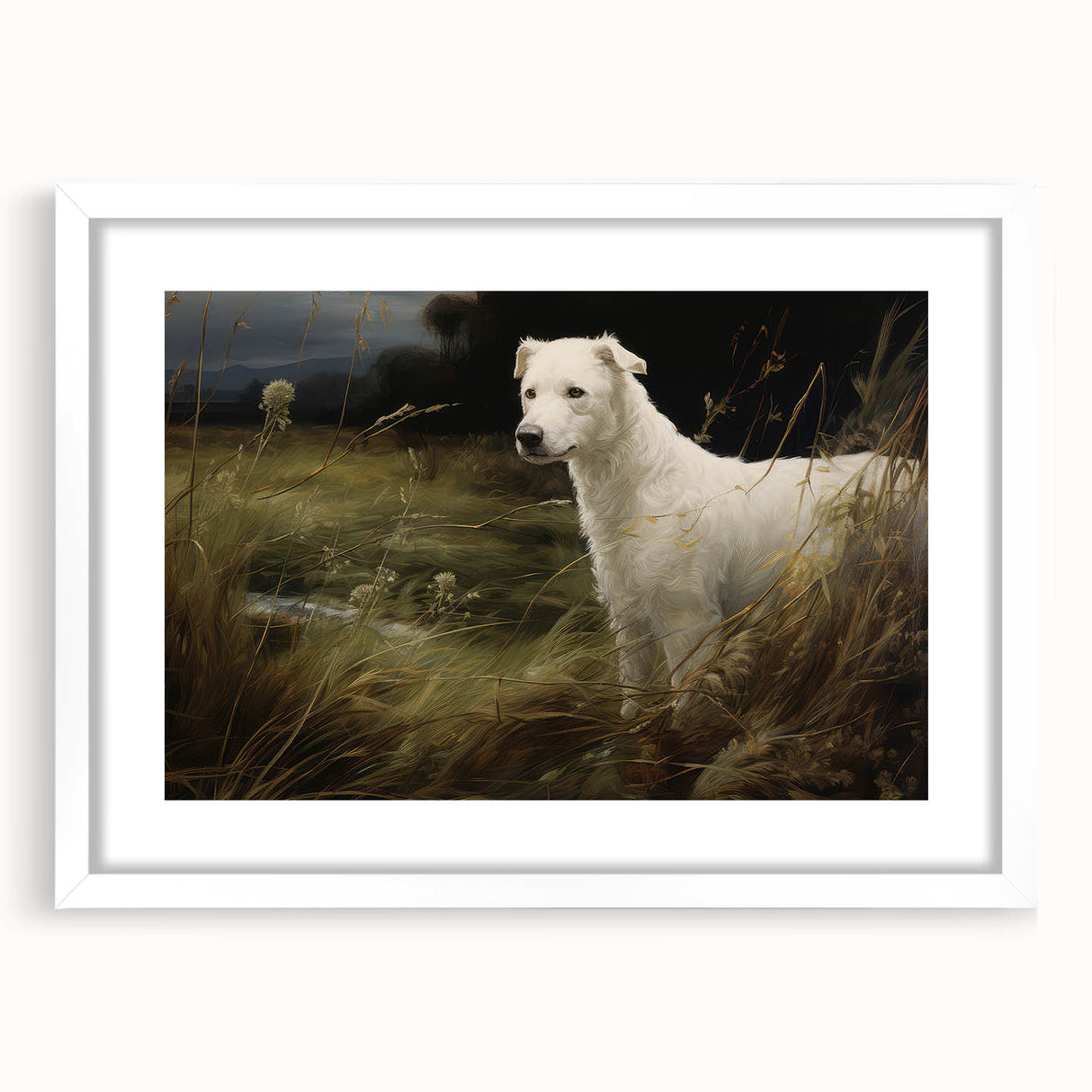 Vintage Animal Art: White Dog in Nature – Retro Wildlife Illustration