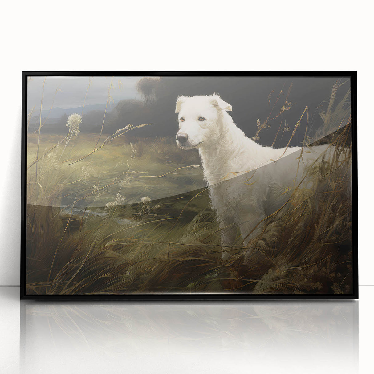 Vintage Animal Art: White Dog in Nature – Retro Wildlife Illustration
