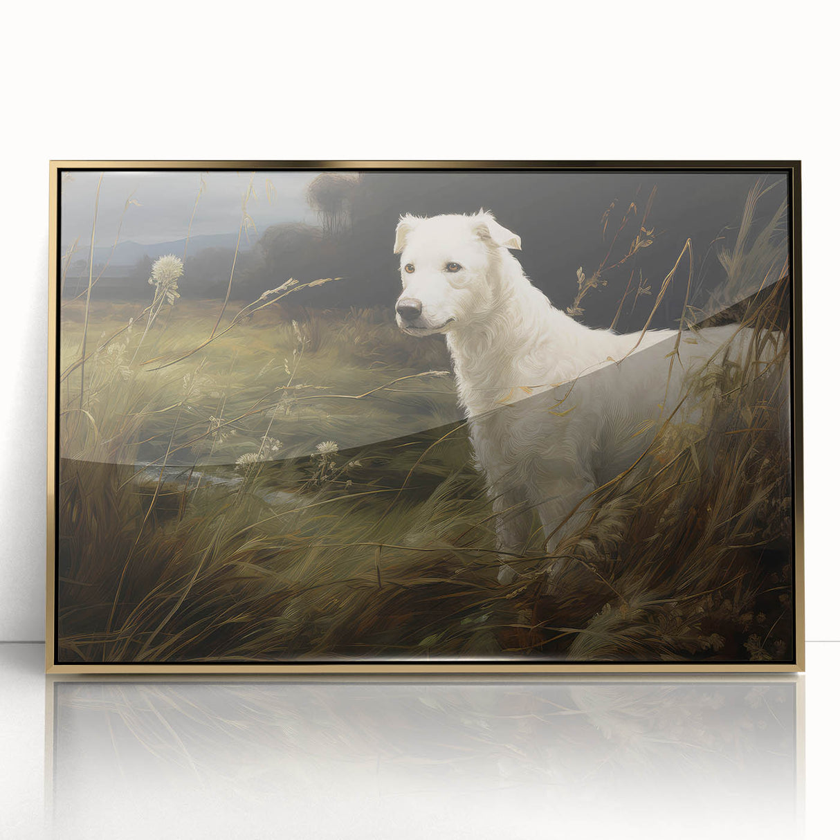 Vintage Animal Art: White Dog in Nature – Retro Wildlife Illustration
