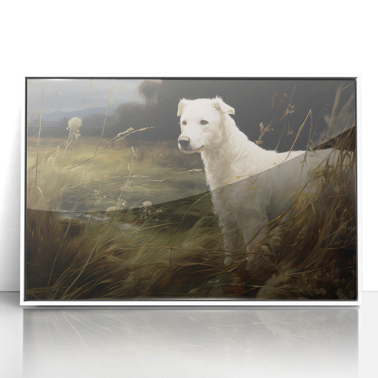 Vintage Animal Art: White Dog in Nature – Retro Wildlife Illustration