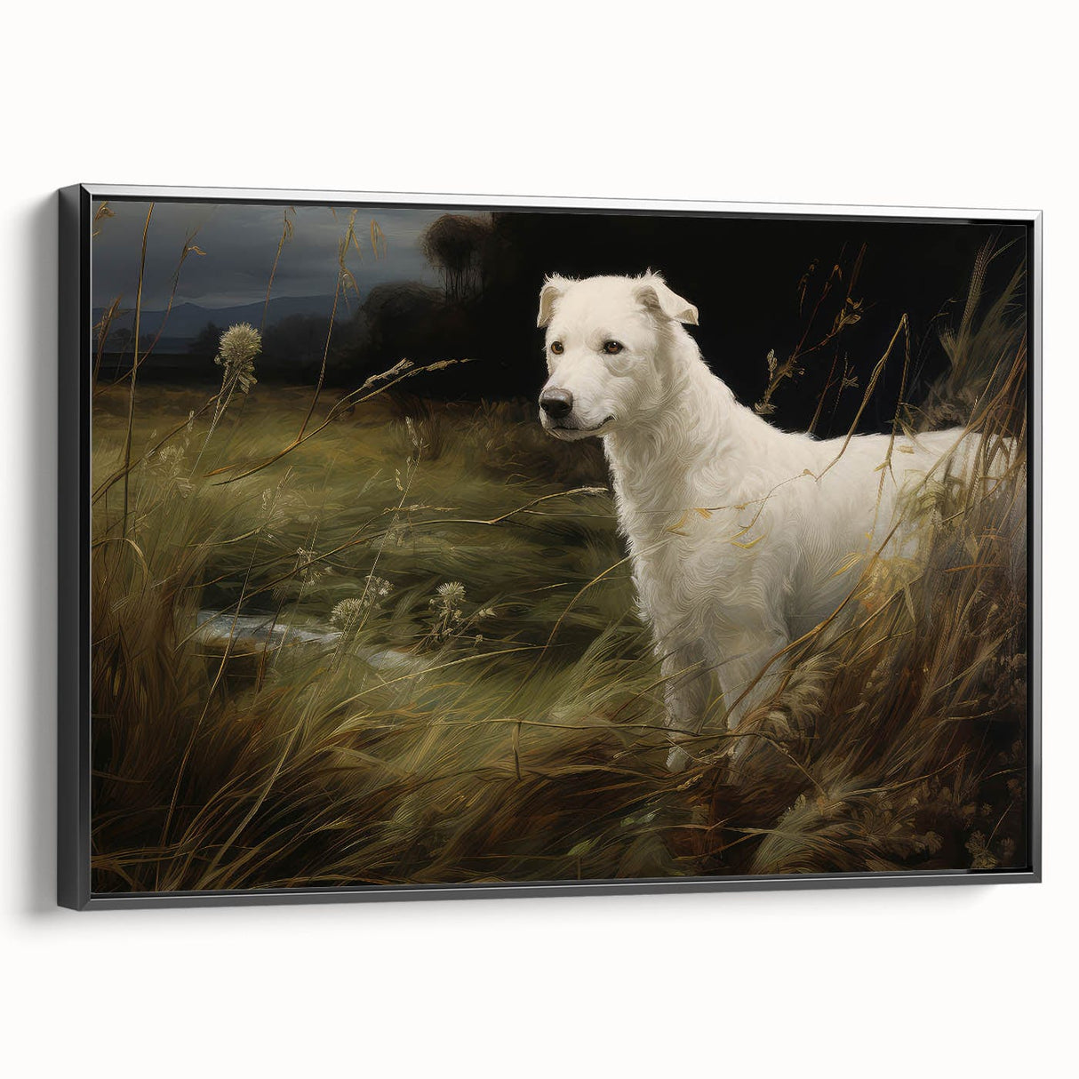 Vintage Animal Art: White Dog in Nature – Retro Wildlife Illustration