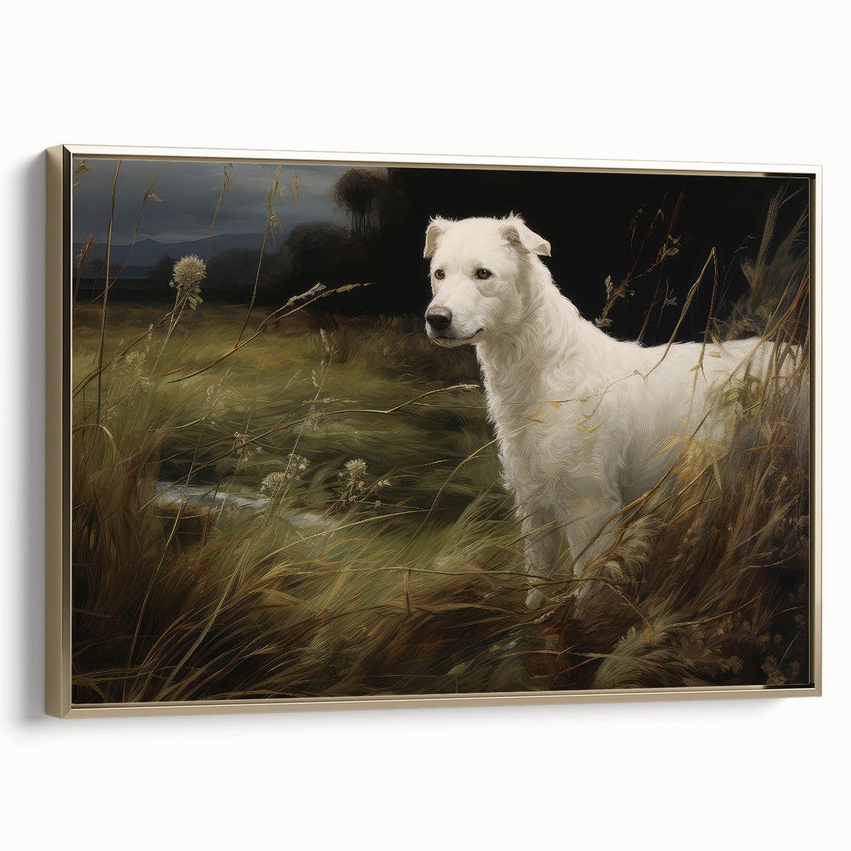 Vintage Animal Art: White Dog in Nature – Retro Wildlife Illustration