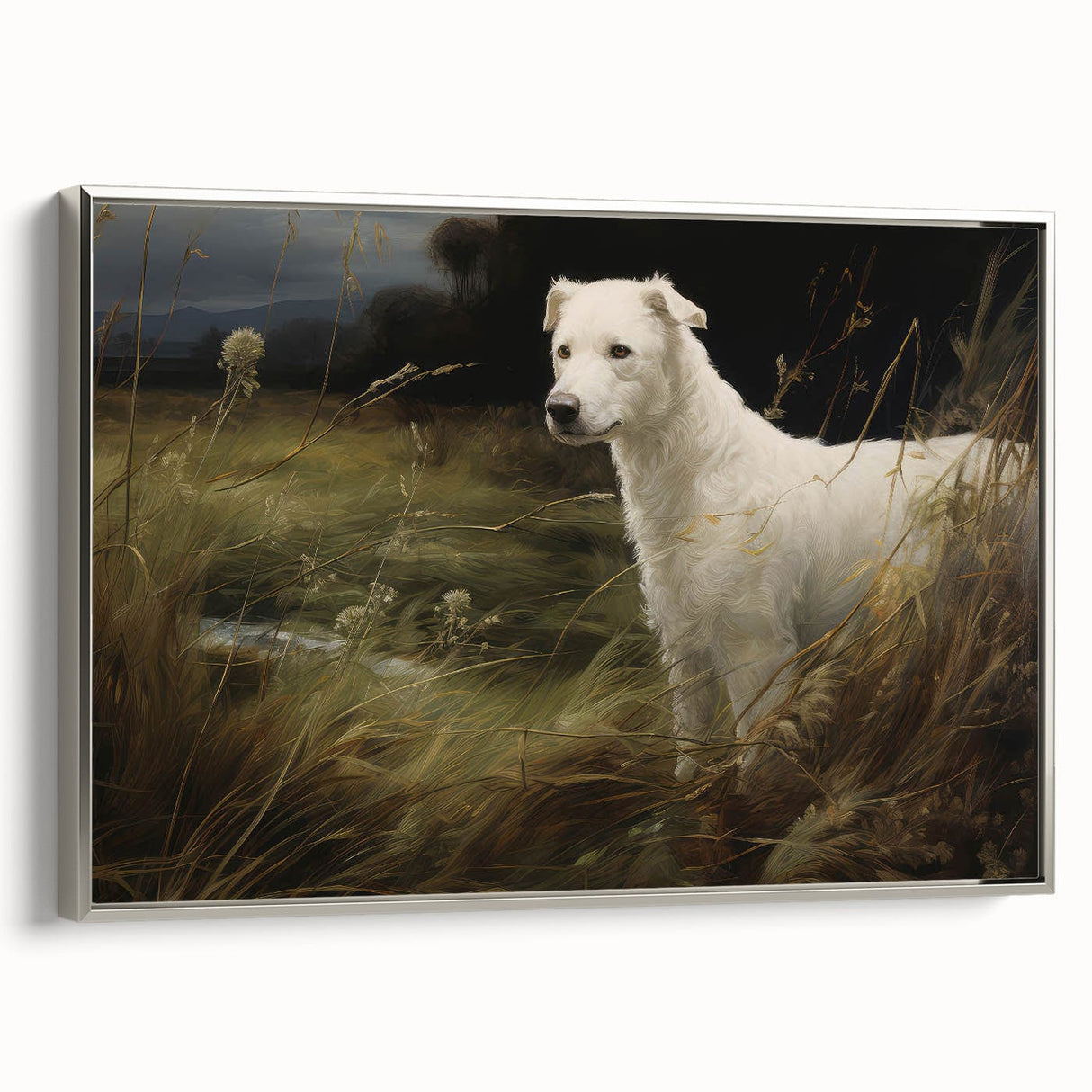 Vintage Animal Art: White Dog in Nature – Retro Wildlife Illustration