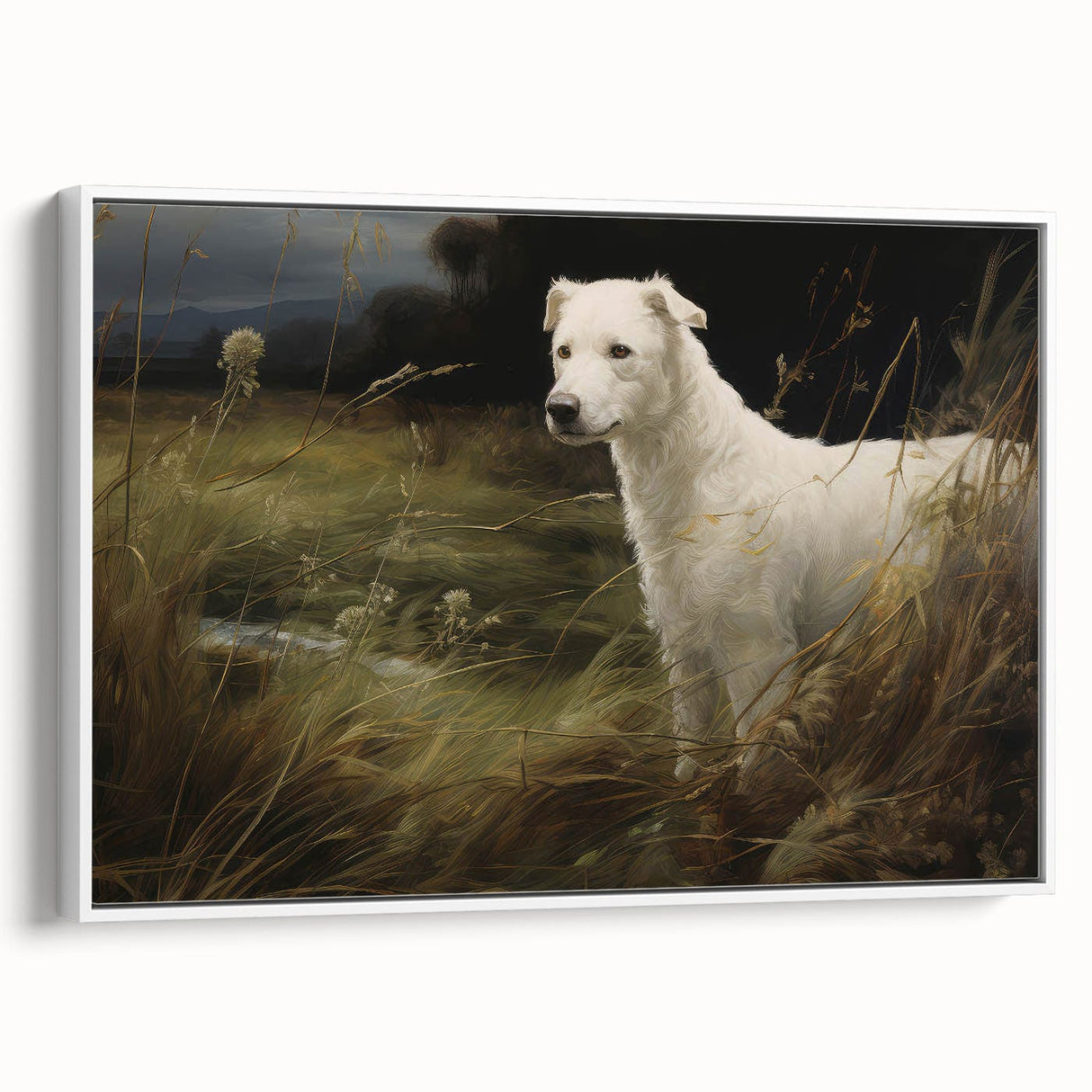Vintage Animal Art: White Dog in Nature – Retro Wildlife Illustration
