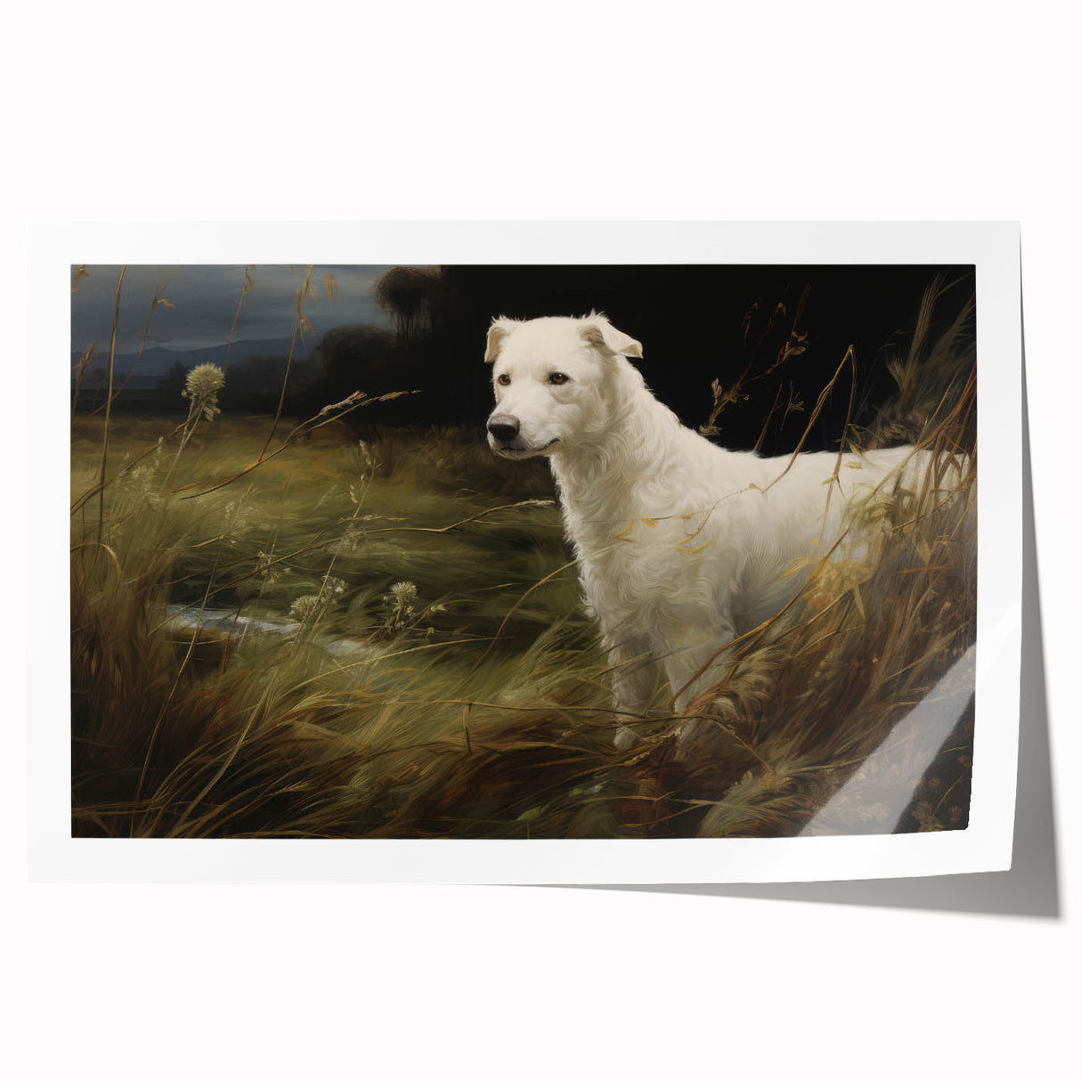 Vintage Animal Art: White Dog in Nature – Retro Wildlife Illustration