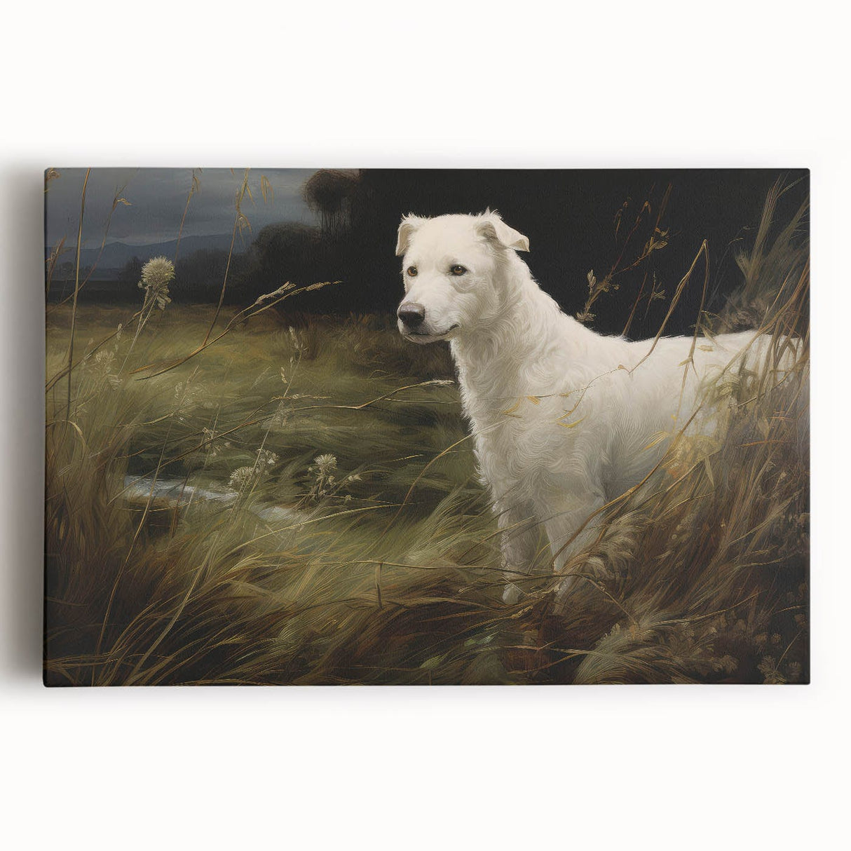 Vintage Animal Art: White Dog in Nature – Retro Wildlife Illustration