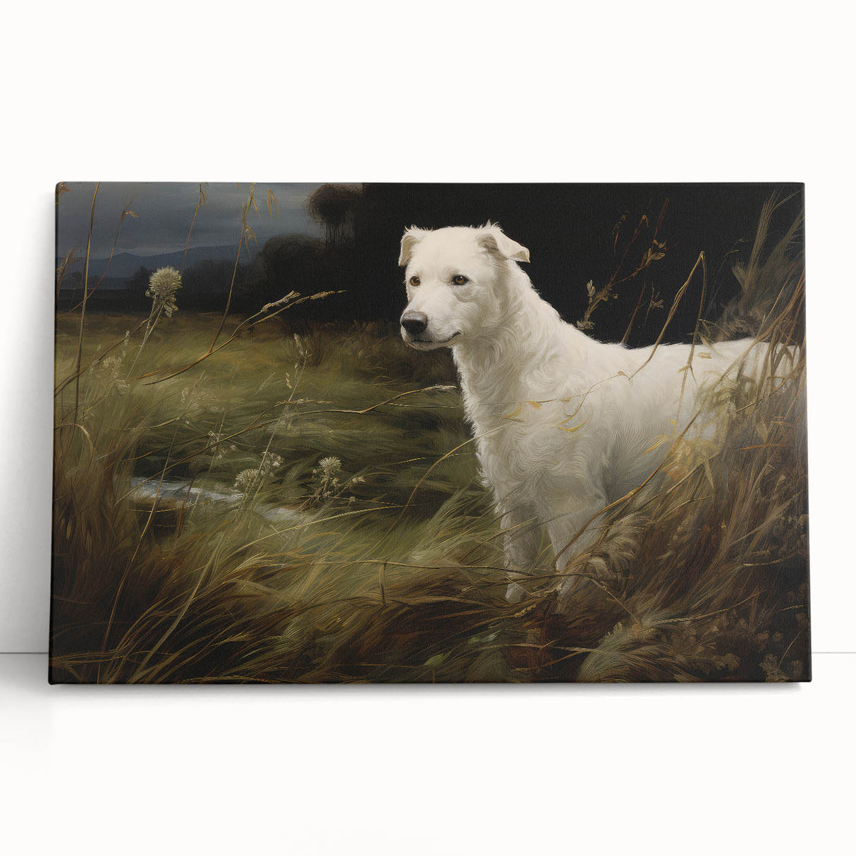 Vintage Animal Art: White Dog in Nature – Retro Wildlife Illustration