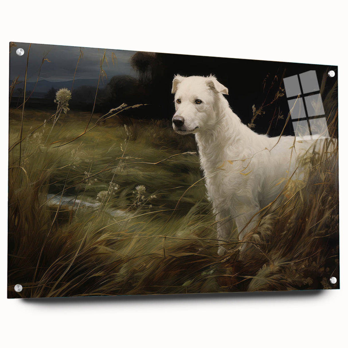 Vintage Animal Art: White Dog in Nature – Retro Wildlife Illustration
