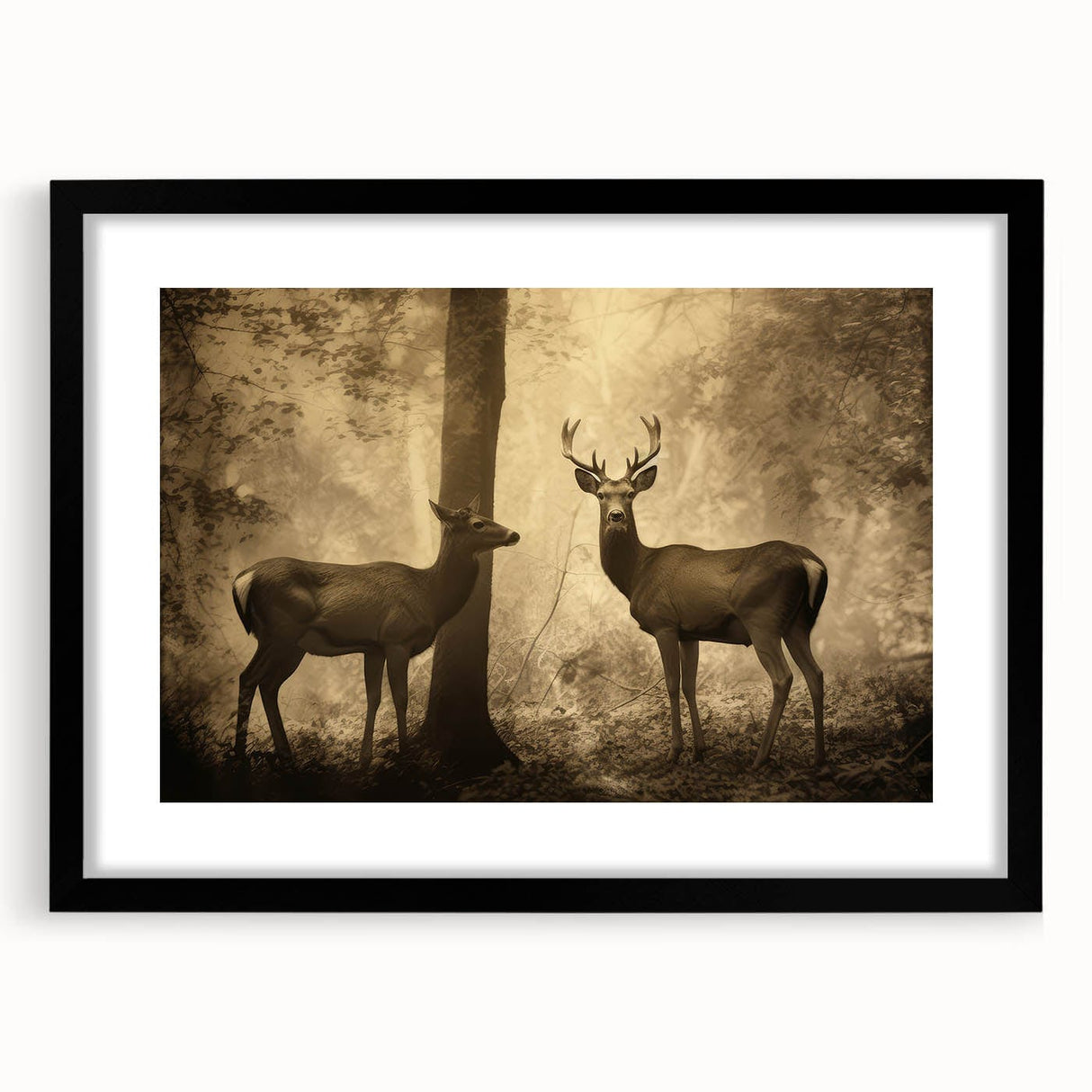 Vintage Animal Art: Deer in Forest – Retro Wildlife Illustration