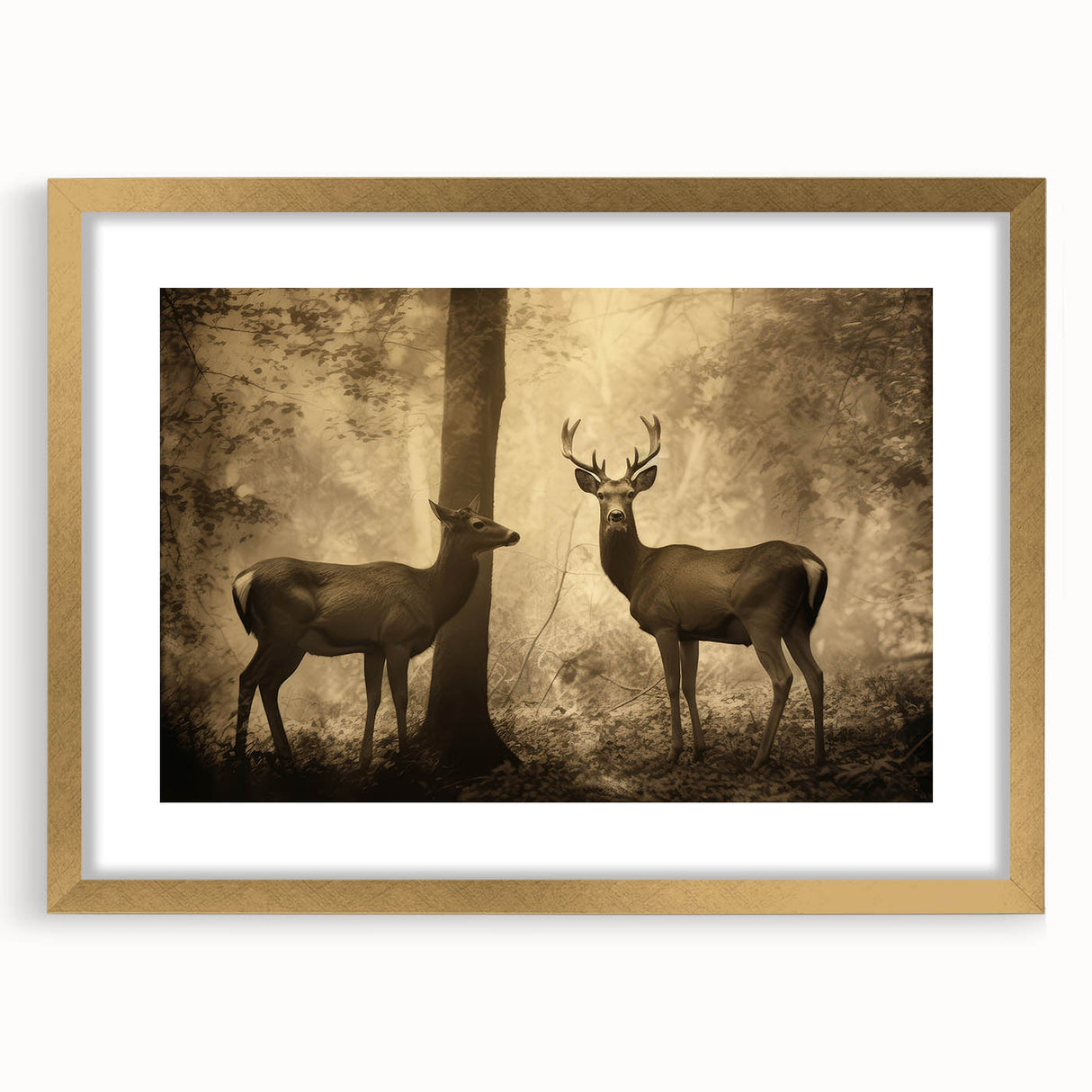 Vintage Animal Art: Deer in Forest – Retro Wildlife Illustration