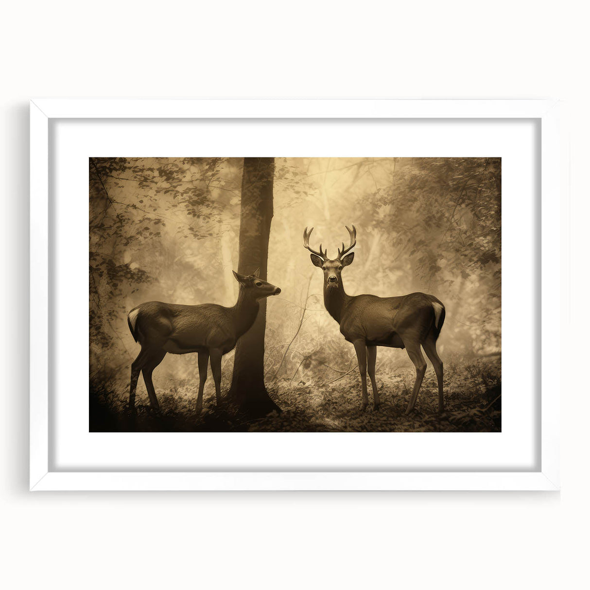 Vintage Animal Art: Deer in Forest – Retro Wildlife Illustration