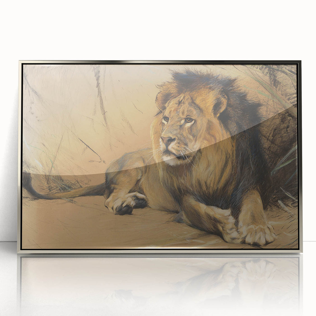 Vintage Animal Art - Resting Lion Pastel Wildlife Print