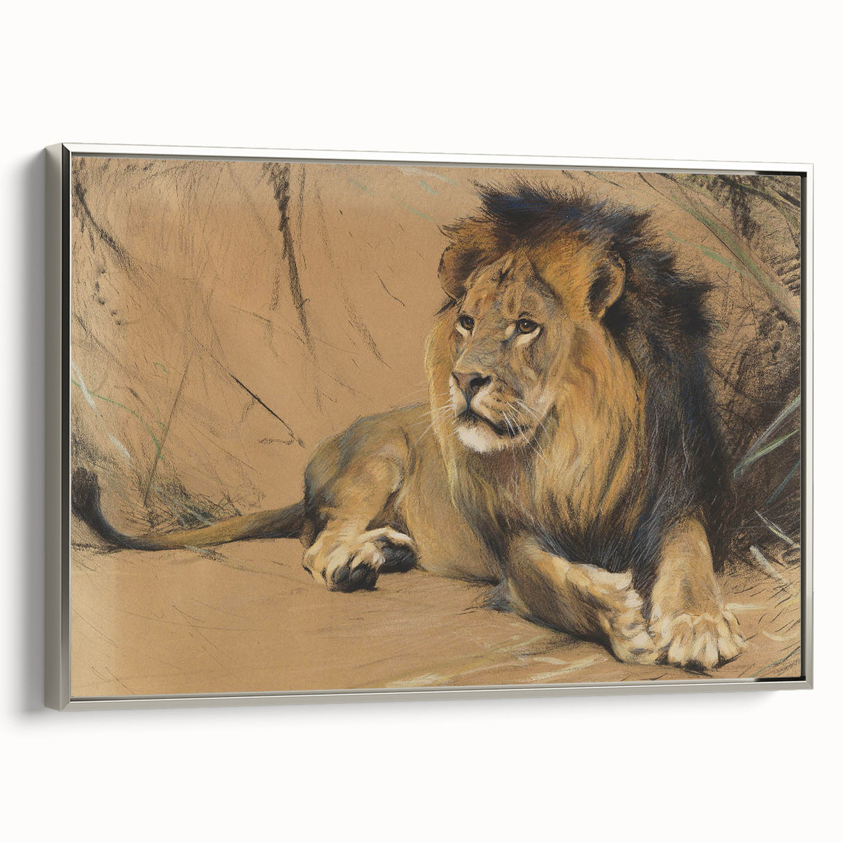 Vintage Animal Art - Resting Lion Pastel Wildlife Print