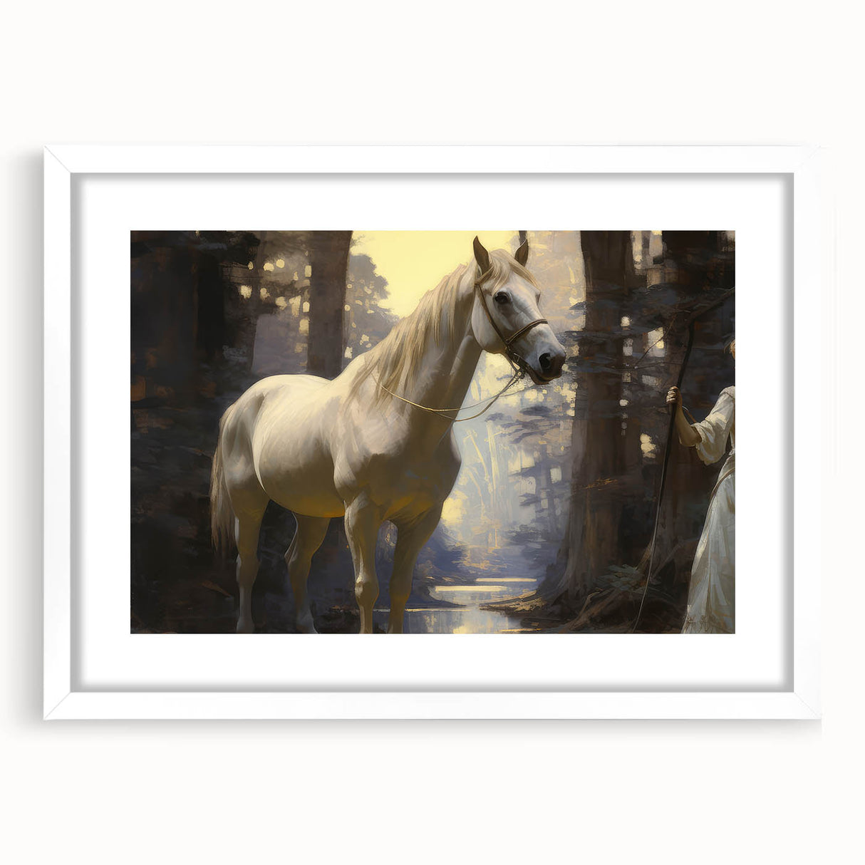Vintage Animal Art - Majestic White Horse in Forest Setting