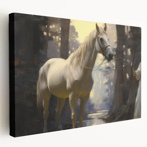 Vintage Animal Art - Majestic White Horse in Forest Setting