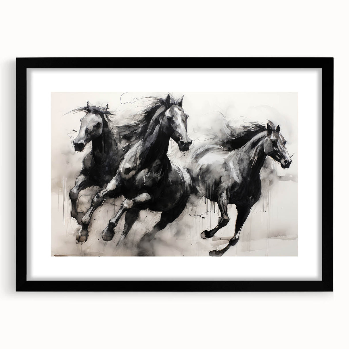 Vintage Animal Art - Powerful Running Black Horses