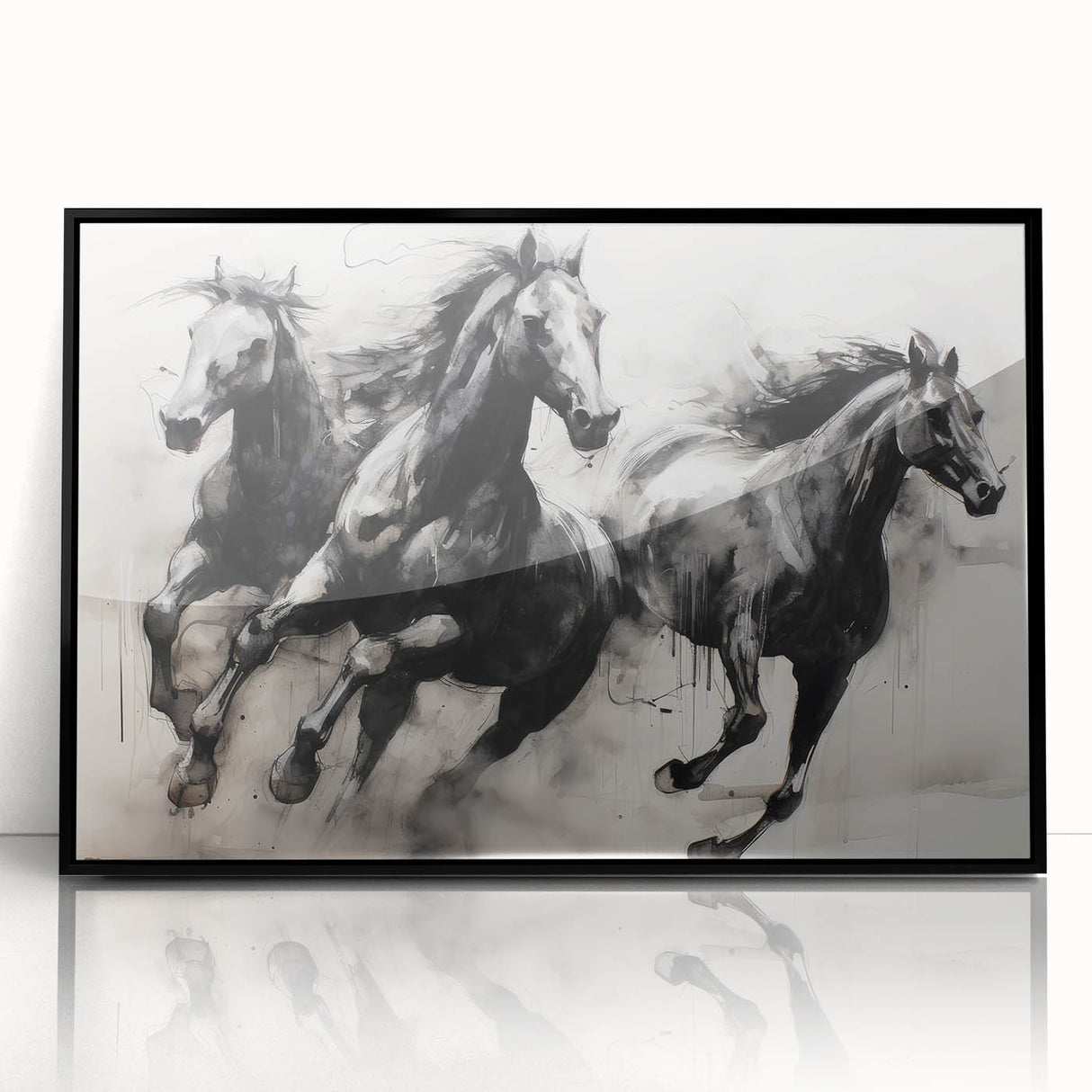 Vintage Animal Art - Powerful Running Black Horses