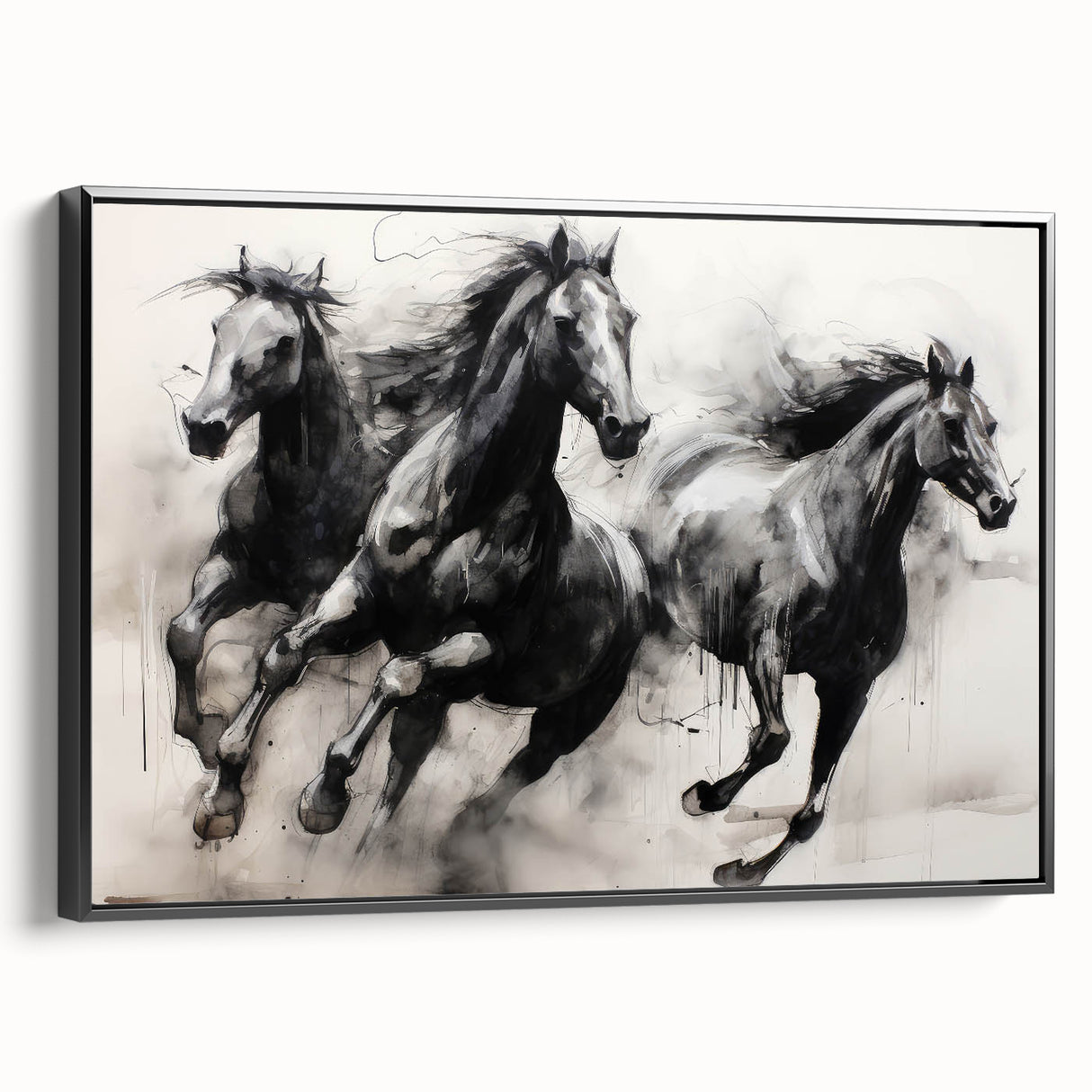 Vintage Animal Art - Powerful Running Black Horses