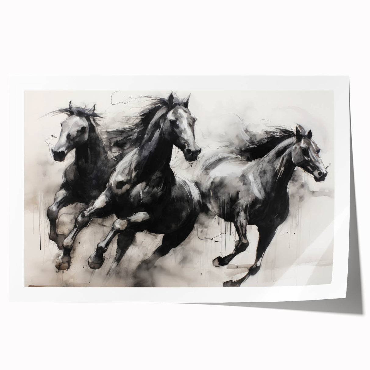 Vintage Animal Art - Powerful Running Black Horses