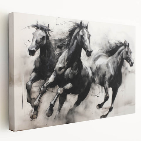 Vintage Animal Art - Powerful Running Black Horses