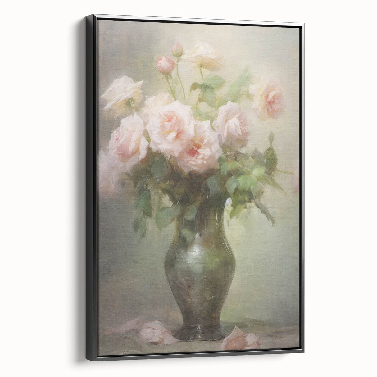 Vintage Botanical Art Prints – Soft Pink Roses in Vase Illustration