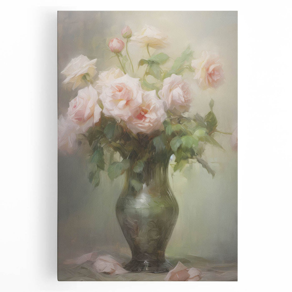 Vintage Botanical Art Prints – Soft Pink Roses in Vase Illustration