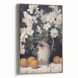 Vintage Botanical Art Print - White Flowers in Vase with Lemons – Framed