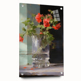 Vintage Botanical Art Print - Red Flowers in Glass Vase – Framed