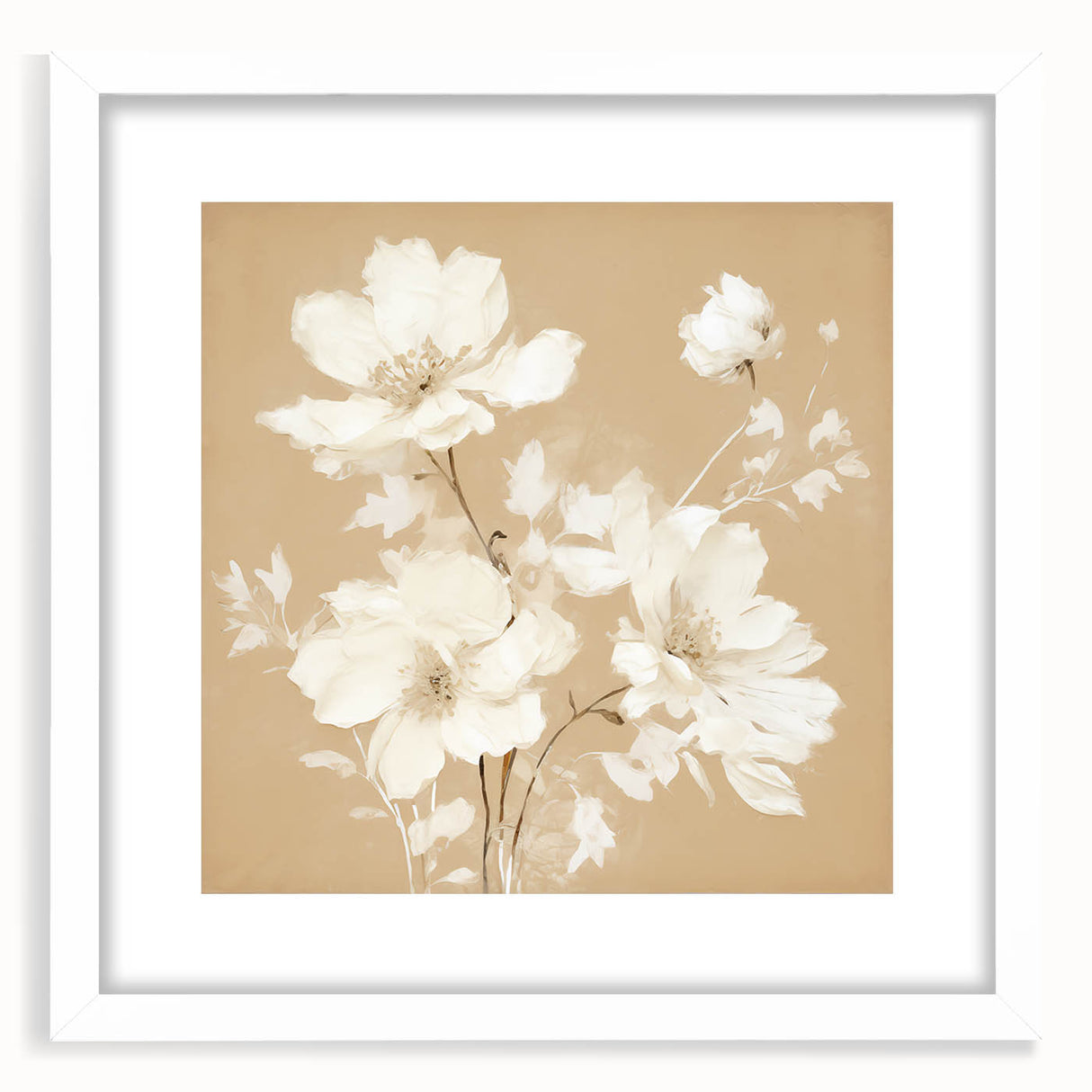 Vintage Botanical Art Print - Elegant White Flowers on Beige – Framed