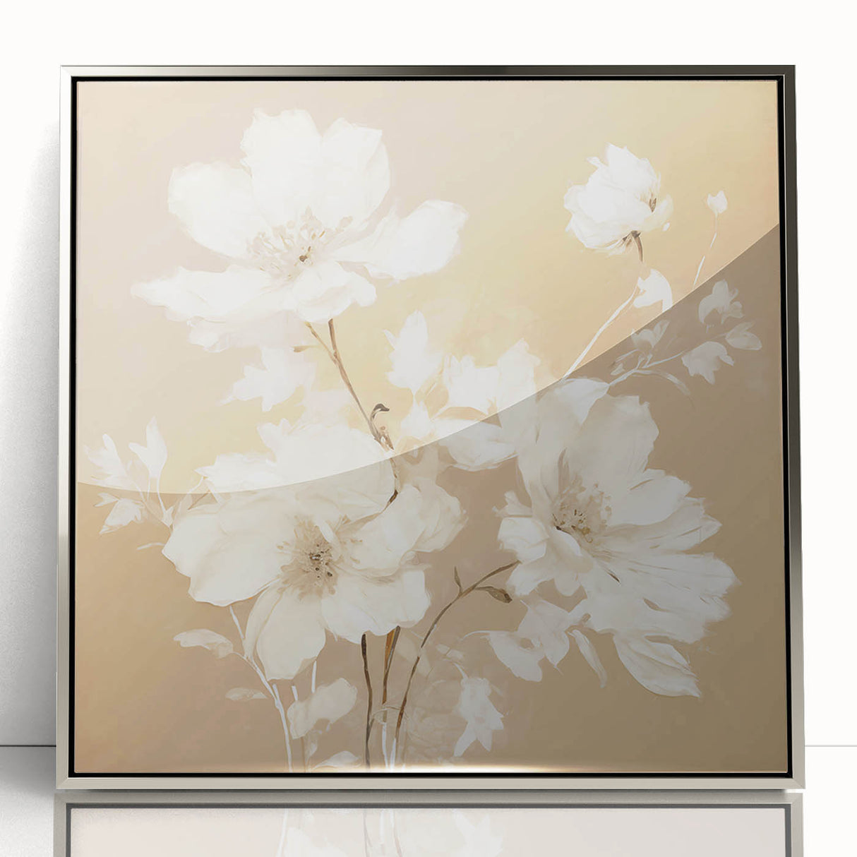 Vintage Botanical Art Print - Elegant White Flowers on Beige – Framed
