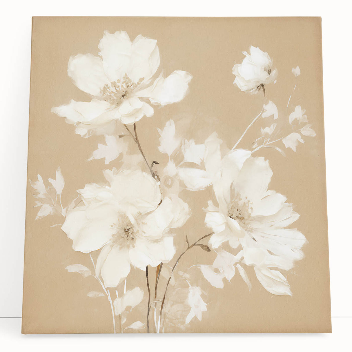 Vintage Botanical Art Print - Elegant White Flowers on Beige – Framed