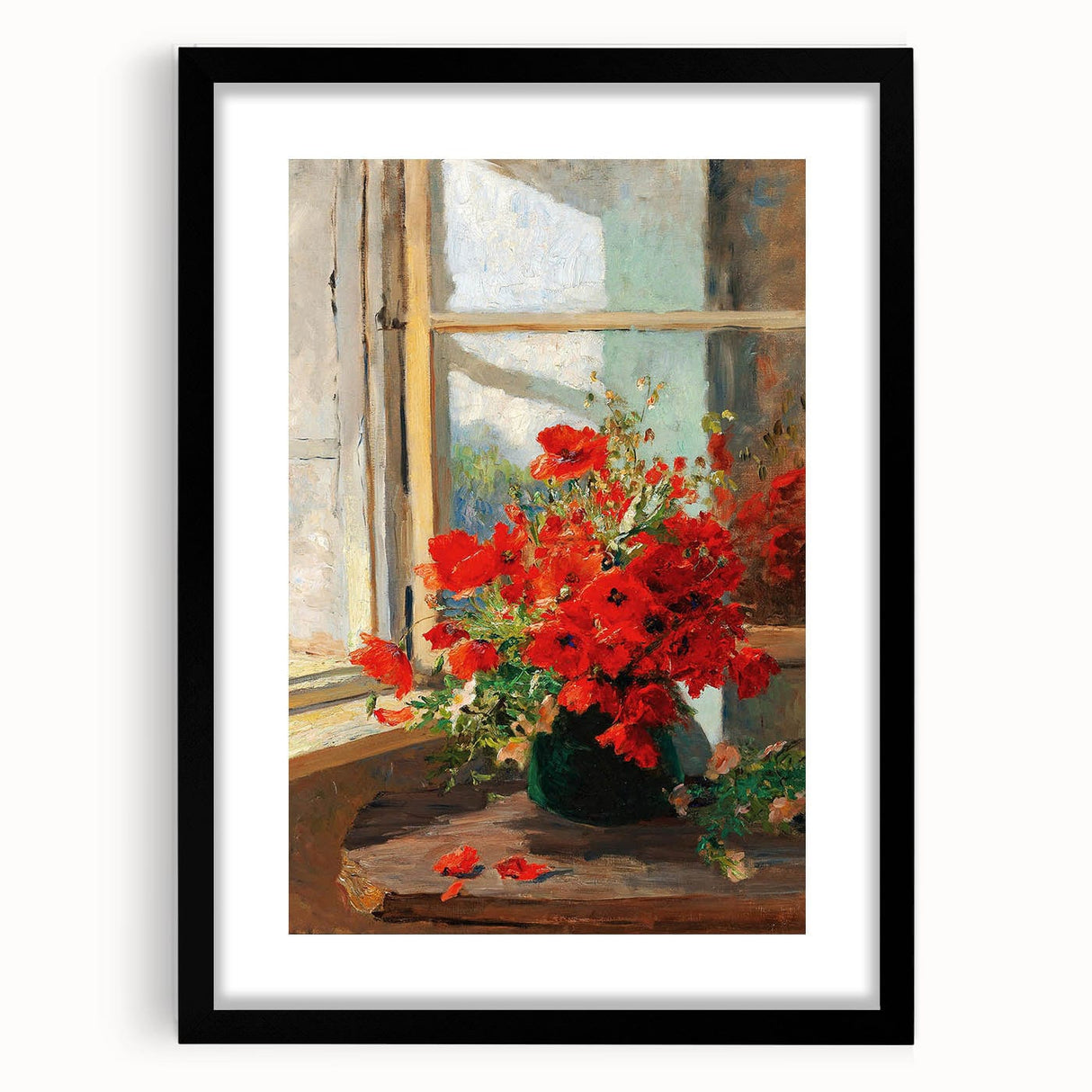 Vintage Red Poppies in Vase by Window – Framed Wall Art