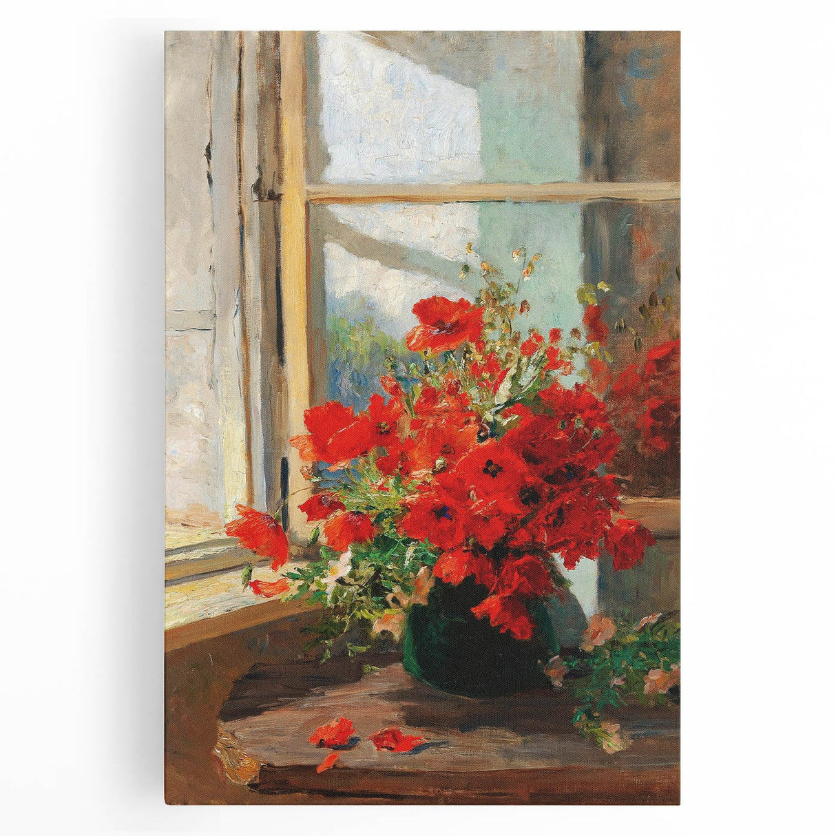 Vintage Red Poppies in Vase by Window – Framed Wall Art