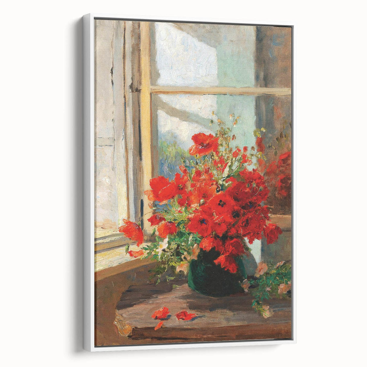 Vintage Red Poppies in Vase by Window – Framed Wall Art