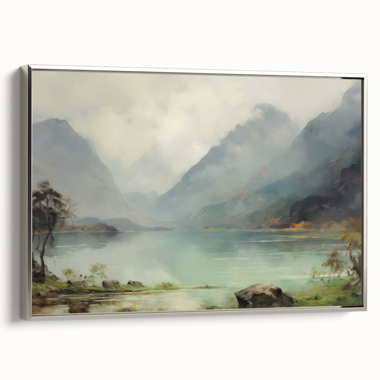 Vintage Landscape Art – Majestic Mountain Reflection in Lake
