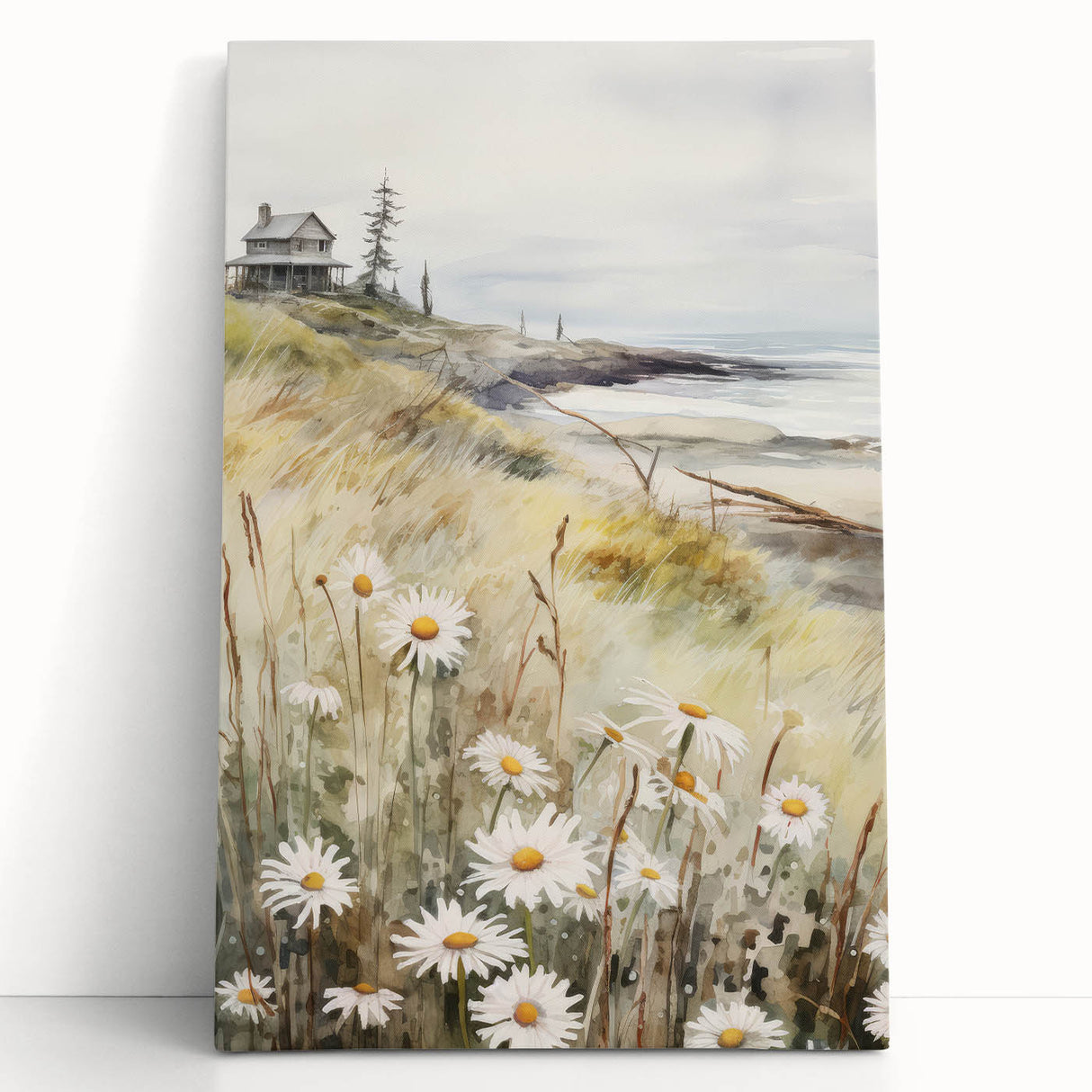 Coastal Cottage & Daisies – Vintage Landscape Wall Art