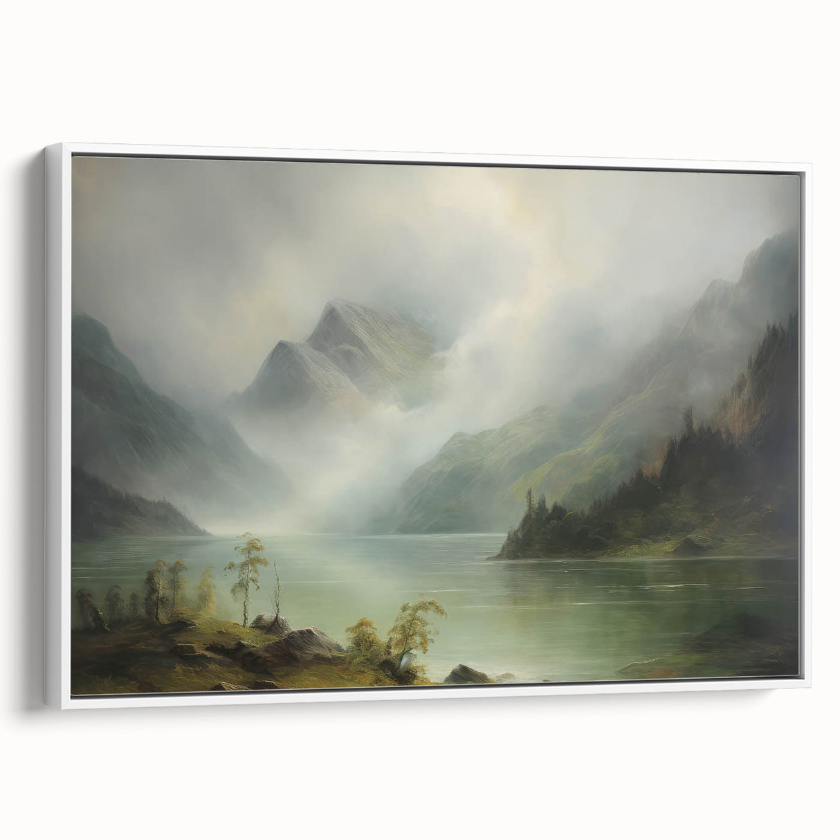 Vintage Landscape Art - Misty Mountains and Tranquil Lake