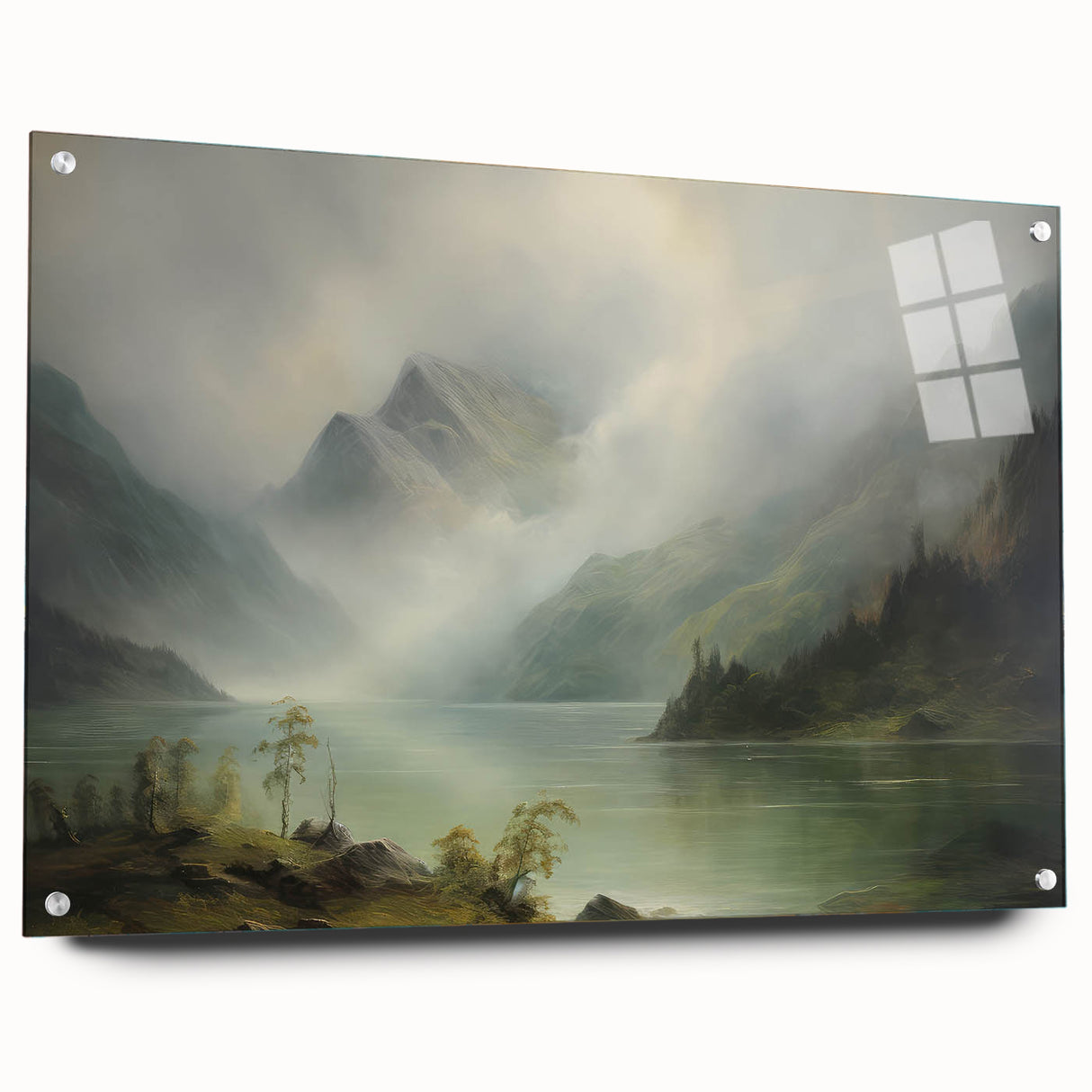 Vintage Landscape Art - Misty Mountains and Tranquil Lake