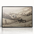Vintage Landscape Art - Ink Drawing of Countryside Village