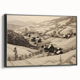 Vintage Landscape Art - Ink Drawing of Countryside Village