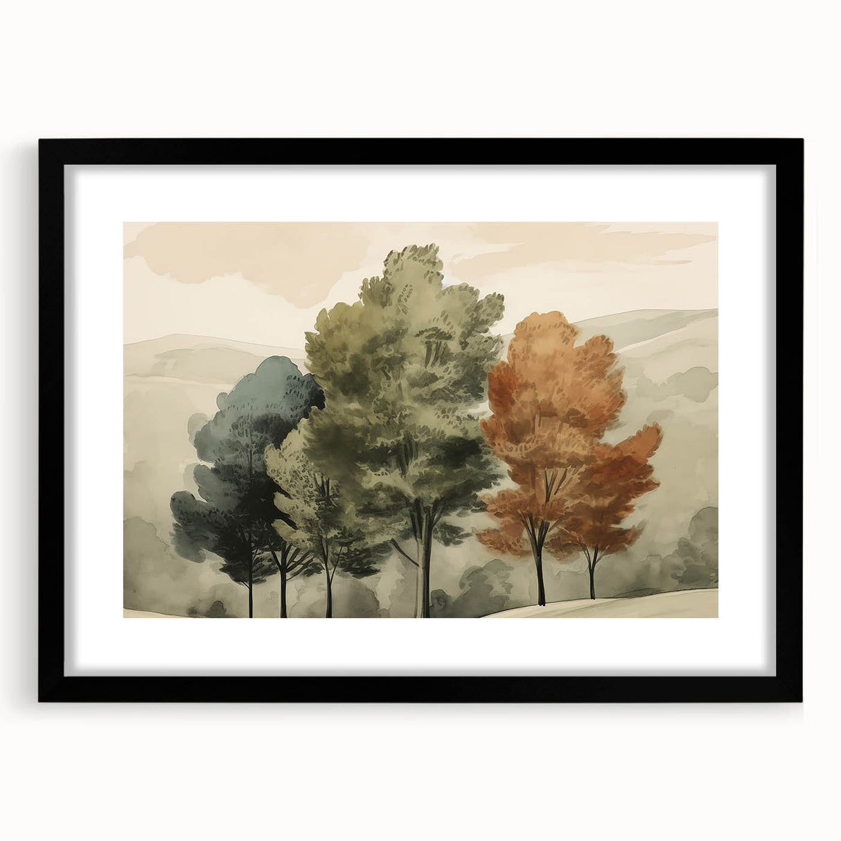 Vintage Landscape Art – Autumn Trees in Tranquil Landscape – Antique Nature Scene Wall Art