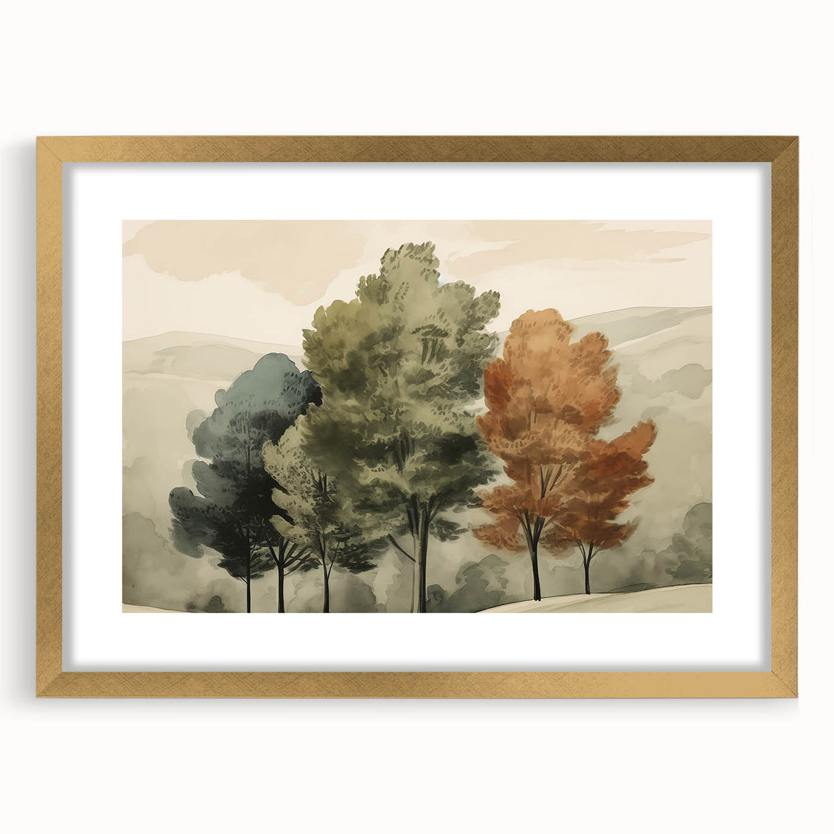 Vintage Landscape Art – Autumn Trees in Tranquil Landscape – Antique Nature Scene Wall Art
