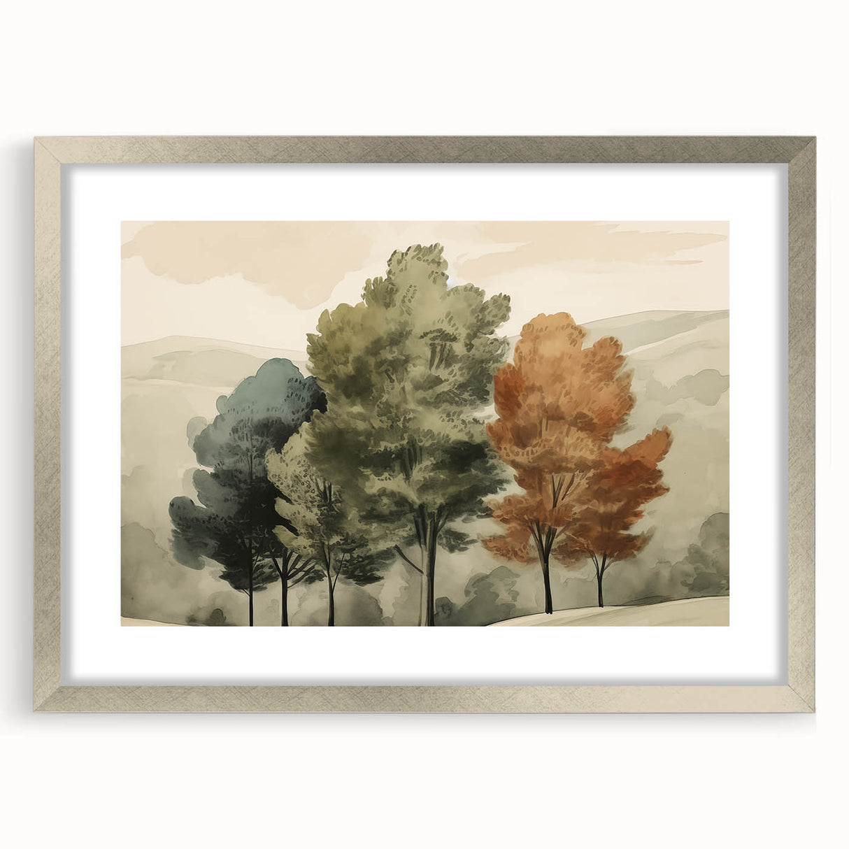 Vintage Landscape Art – Autumn Trees in Tranquil Landscape – Antique Nature Scene Wall Art