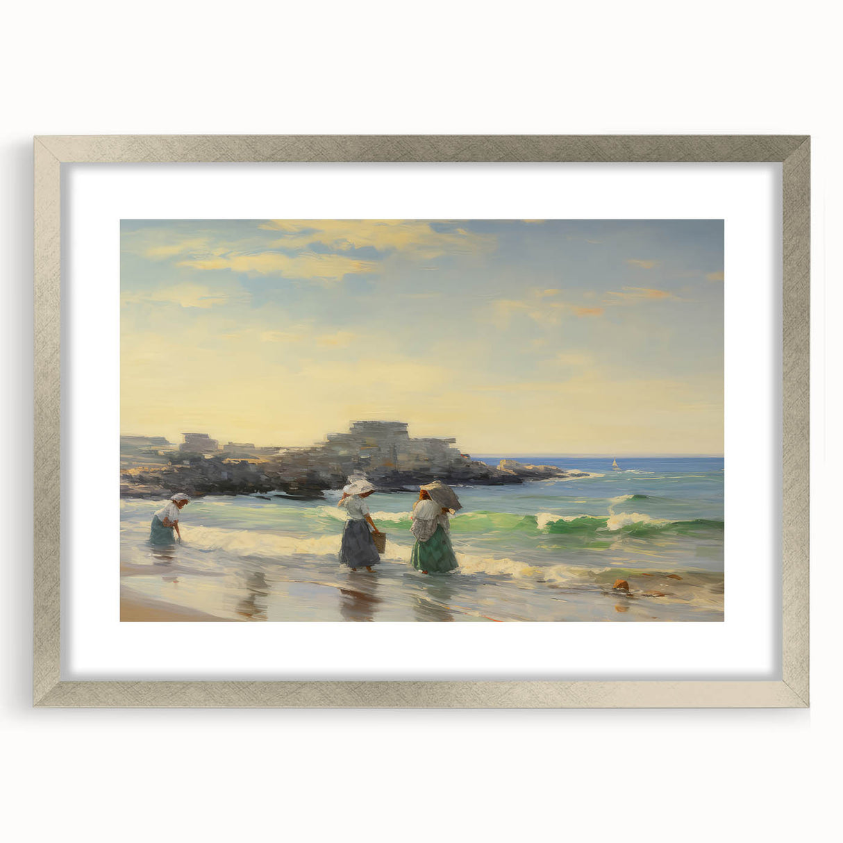 Vintage Landscape Art - Women at the Beach with Sailboat in the Distance