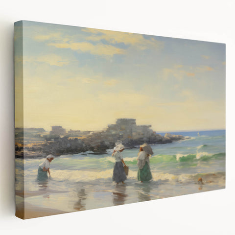 Vintage Landscape Art - Women at the Beach with Sailboat in the Distance