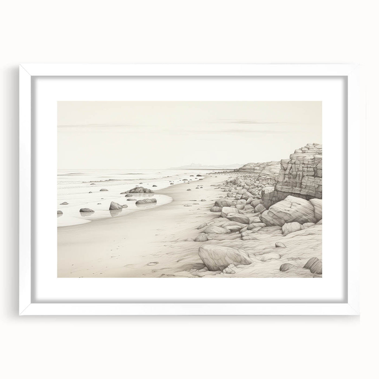 Vintage Landscape Art - Coastal Rocks and Beach in Black and White Ink