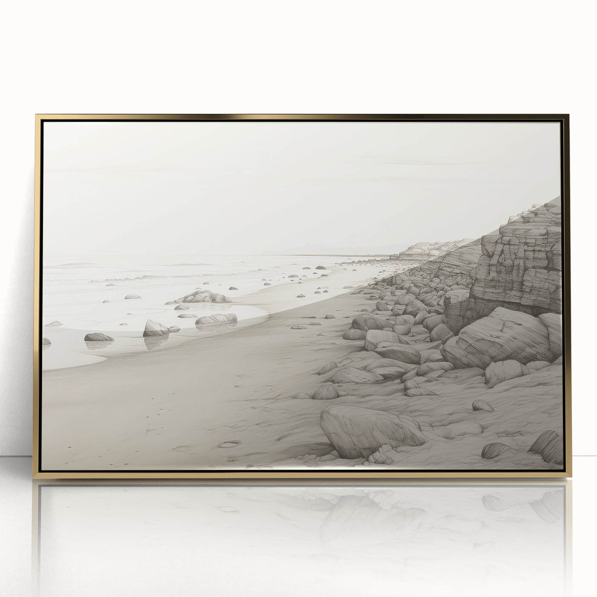 Vintage Landscape Art - Coastal Rocks and Beach in Black and White Ink