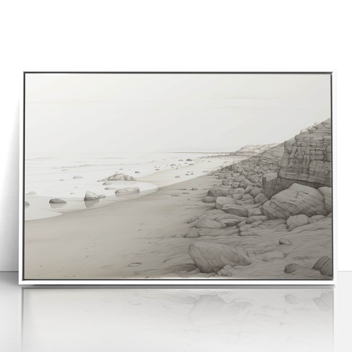 Vintage Landscape Art - Coastal Rocks and Beach in Black and White Ink