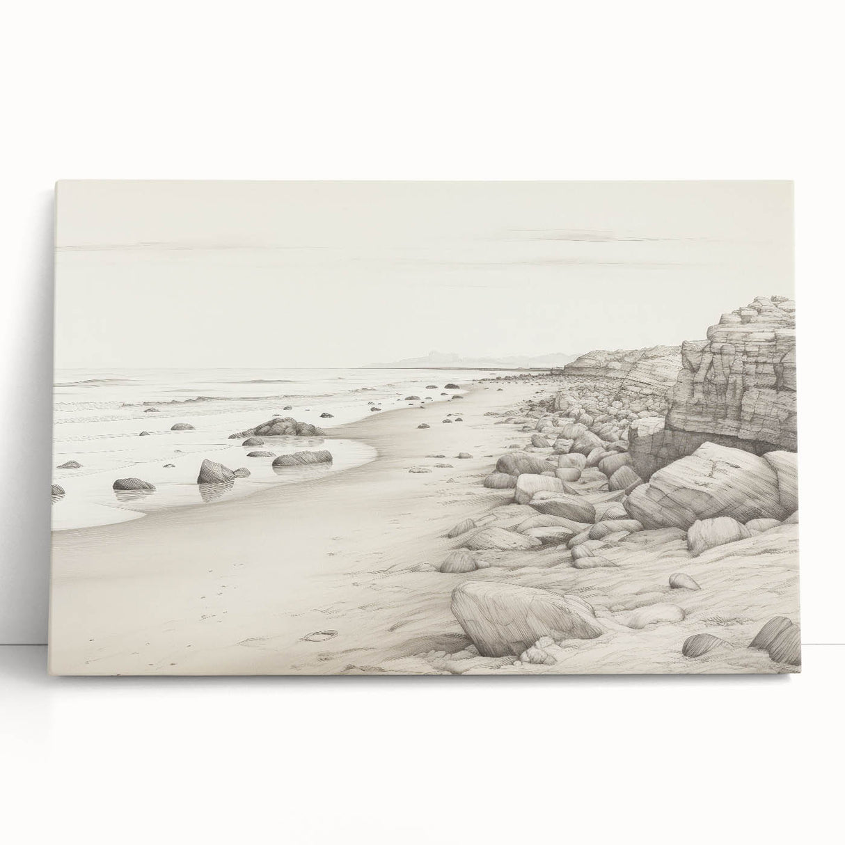 Vintage Landscape Art - Coastal Rocks and Beach in Black and White Ink